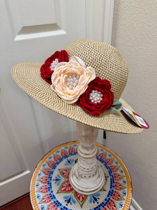 Elegant Women\'s Tweed Sun Hat With Satin Flowers And Pearls Wedding Tea Party